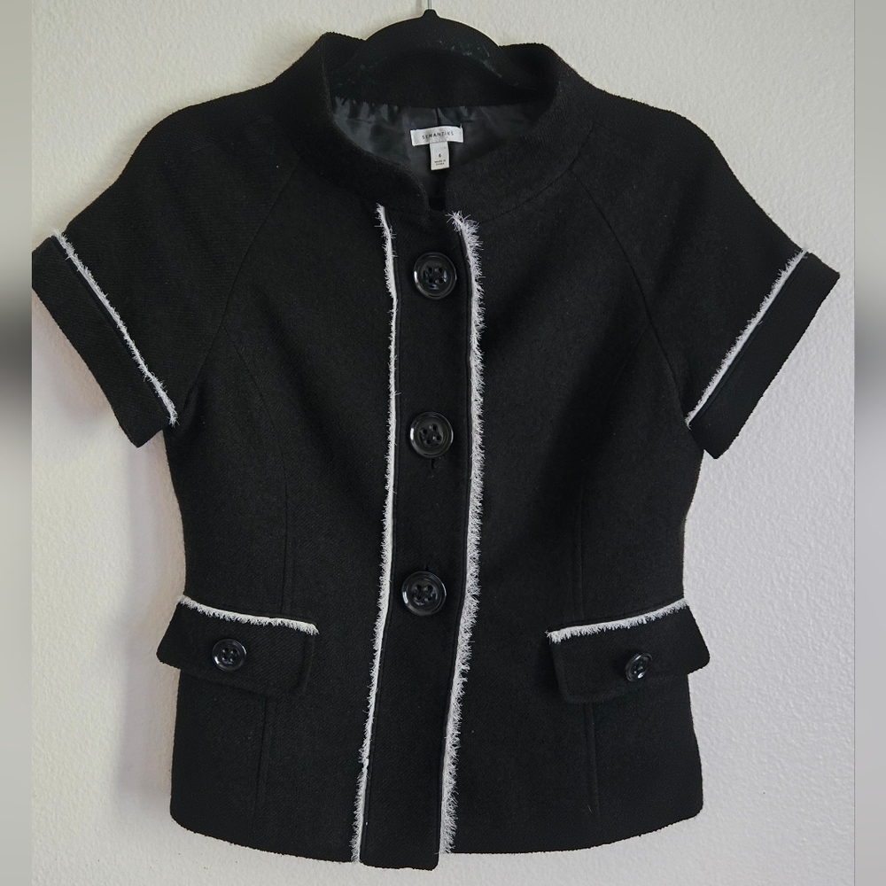 Semantiks Black Blazer Frayed Contrast Short Sleeve Jacket Size 6
